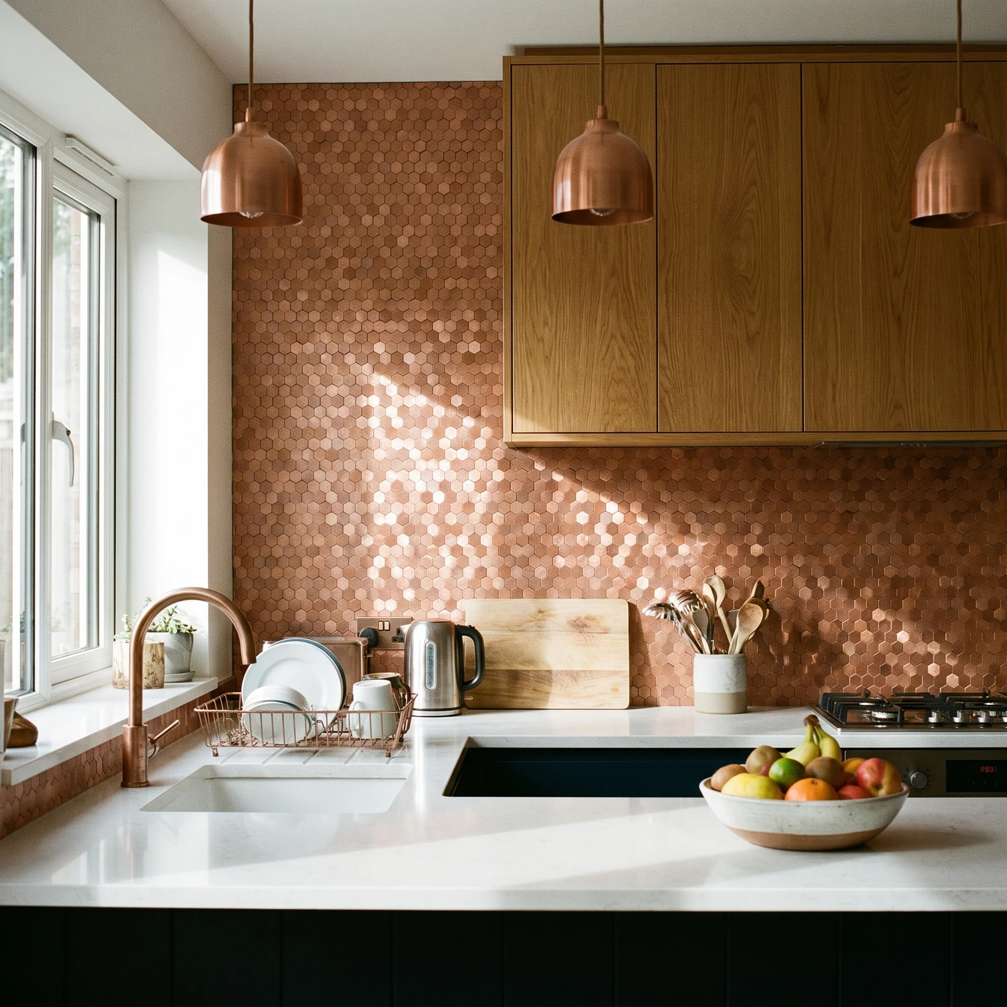 Mini Hexagon 3D Copper Peel & Stick Splashback | 29.8×30.7 cm | Self-Adhesive Mosaic Tile - Image 3
