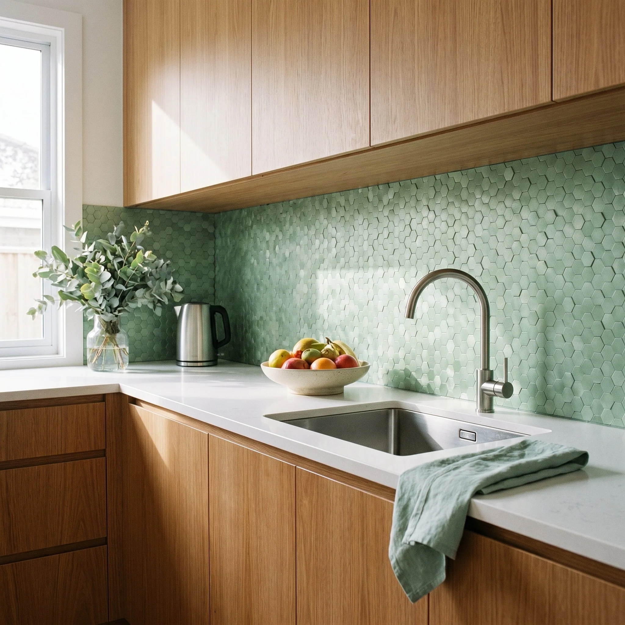 Mini Hexagon 3D Pastel Green Peel & Stick Splashback | 29.8×30.7 cm | Self-Adhesive Mosaic Tile - Image 5
