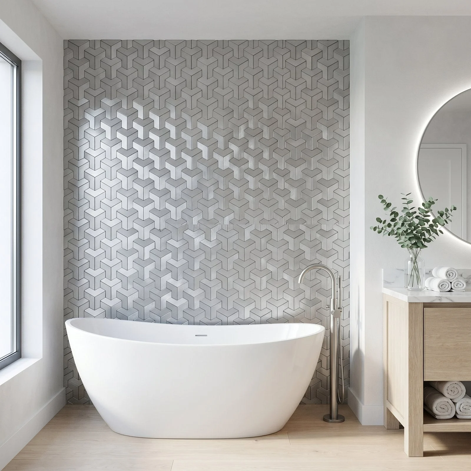 Trifold 3D Silver Peel & Stick Splashback | 30.3×28 cm | Self-Adhesive Mosaic Tile - Image 3